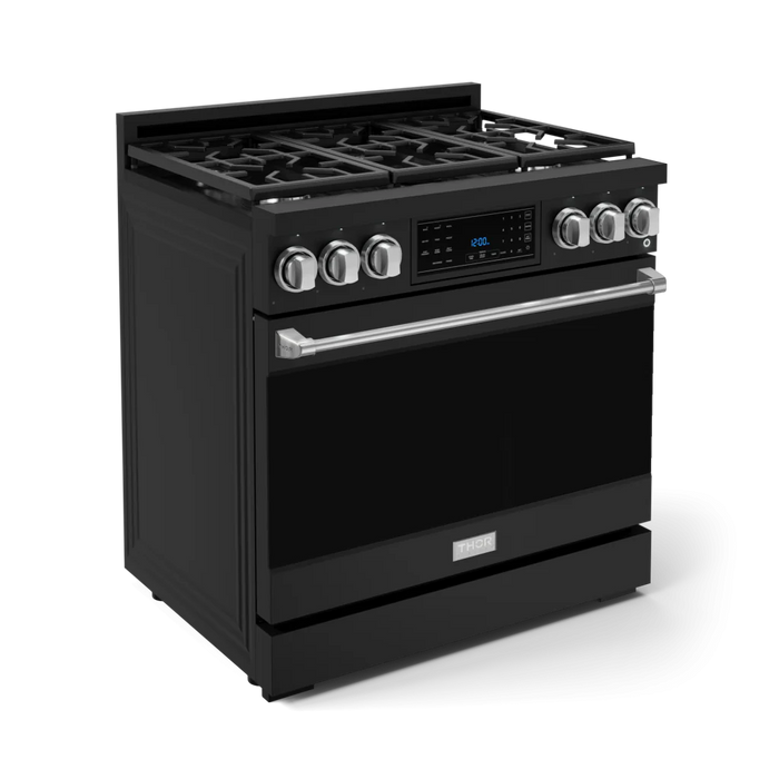 Gordon Ramsay by THOR Kitchen Package - 36" Gas Range, 30" Refrigerator with Ice Maker and Dishwasher in Black Matte with Stainless Steel Accents, AP-RSG36B-SS-1