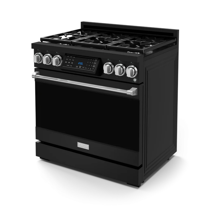 Gordon Ramsay by THOR Kitchen Package - 36" Gas Range, 30" Refrigerator with Ice Maker and Dishwasher in Black Matte with Stainless Steel Accents, AP-RSG36BLP-SS-1