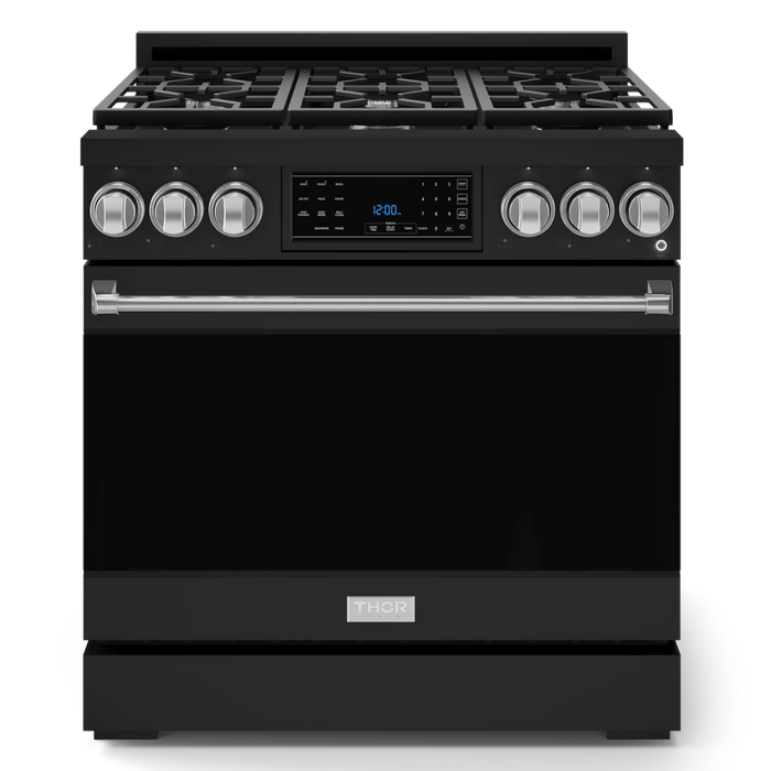 Gordon Ramsay by THOR Kitchen Package - 36" Gas Range, 36" Refrigerator with Ice Maker and Dishwasher in Black Matte with Stainless Steel Accents, AP-RSG36B-SS-2