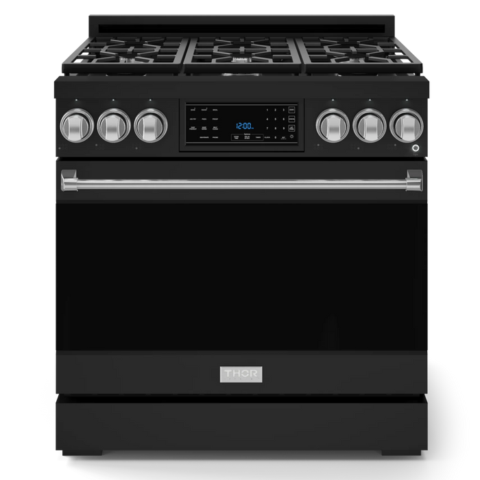 Gordon Ramsay by THOR Kitchen Package - 36" Gas Range, 30" Refrigerator with Ice Maker and Dishwasher in Black Matte with Stainless Steel Accents, AP-RSG36BLP-SS-1