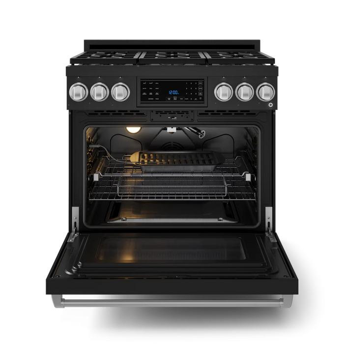 Gordon Ramsay by THOR Kitchen 36" 6.0 cu. ft. Professional Propane Gas Range with Tilt Panel Touch Control, Self-Clean and Air Fry in Matte Black with Stainless Steel Accents, RSG36BLP-SS