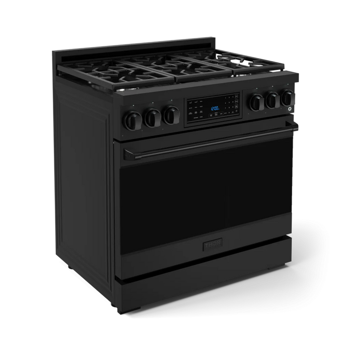 Gordon Ramsay by THOR Kitchen Package - 36" Gas Range, 30" Refrigerator with Ice Maker and Dishwasher in Black Matte with Black Accents, AP-RSG36B-1