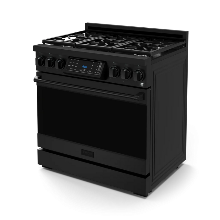 Gordon Ramsay by THOR Kitchen Package - 36" Gas Range, 30" Refrigerator with Ice Maker and Dishwasher in Black Matte with Black Accents, AP-RSG36BLP-1