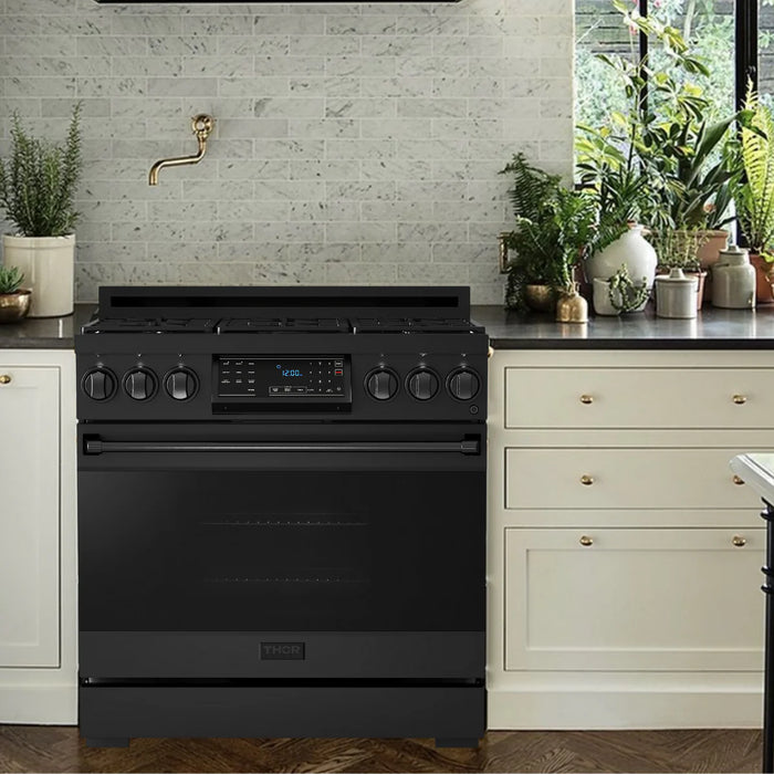 Gordon Ramsay by THOR Kitchen 36" 6.0 cu. ft. Professional Propane Gas Range with Tilt Panel Touch Control, Self-Clean and Air Fry in Matte Black, RSG36BLP