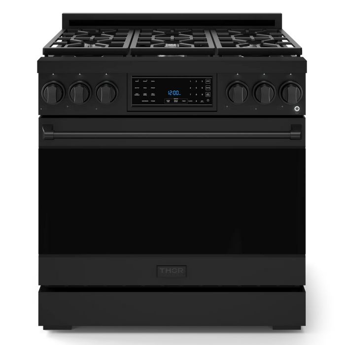 Gordon Ramsay by THOR Kitchen Package - 36" Gas Range, 36" Refrigerator with Ice Maker and Dishwasher in Black Matte with Black Accents, AP-RSG36B-2