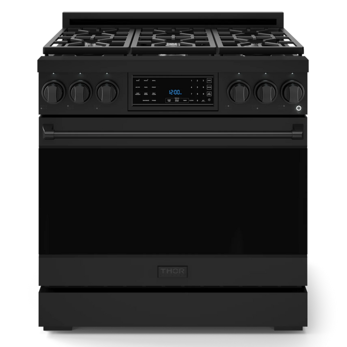 Gordon Ramsay by THOR Kitchen Package - 36" Gas Range, 30" Refrigerator with Ice Maker and Dishwasher in Black Matte with Black Accents, AP-RSG36BLP-1