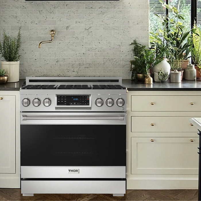 Gordon Ramsay by THOR Kitchen Package - 36" Gas Range, 36" Refrigerator with Ice Maker and Dishwasher in Stainless Steel, AP-RSG36LP-2