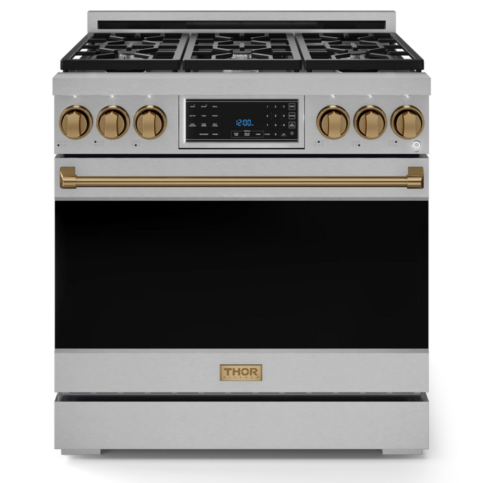 Gordon Ramsay by THOR Kitchen Package - 36" Gas Range, 36" Refrigerator with Ice Maker and Dishwasher in Stainless Steel with Bronze Accents, AP-RSG36LP-BRZ-2