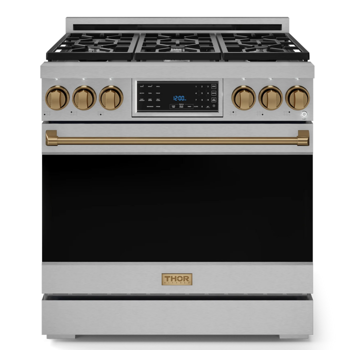 Gordon Ramsay by THOR Kitchen Package - 36" Gas Range, 36" Refrigerator with Ice Maker and Dishwasher in Stainless Steel with Bronze Accents, AP-RSG36-BRZ-2