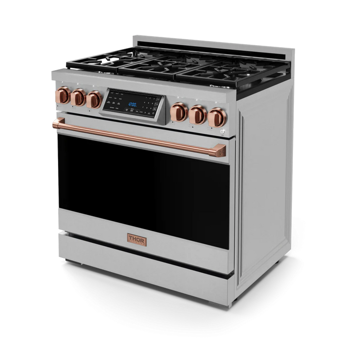 Gordon Ramsay by THOR Kitchen Package - 36" Gas Range, 30" Refrigerator with Ice Maker and Dishwasher in Stainless Steel with Rose Gold Accents, AP-RSG36-RSG-1