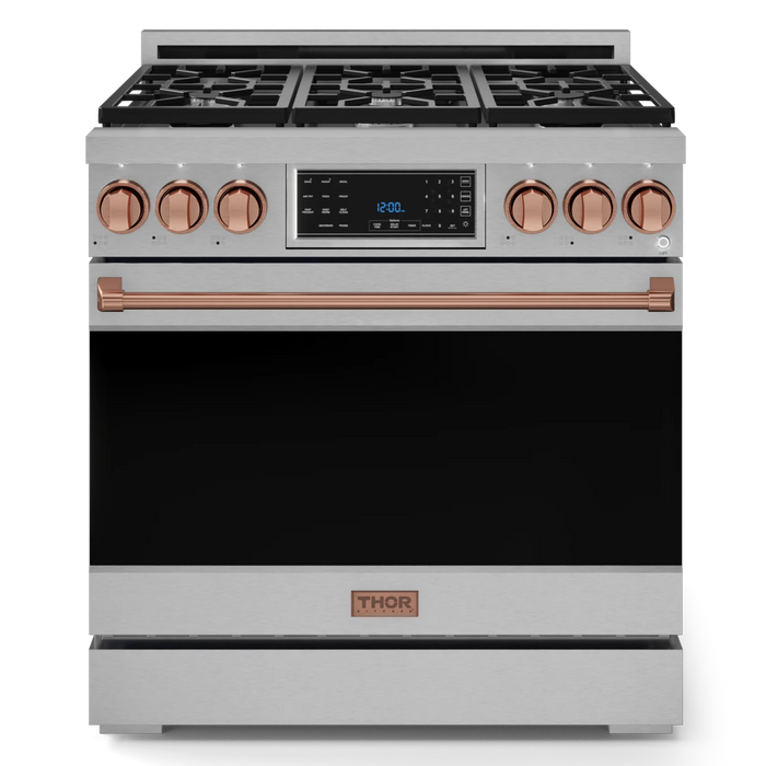 Gordon Ramsay by THOR Kitchen Package - 36" Gas Range, 30" Refrigerator with Ice Maker and Dishwasher in Stainless Steel with Rose Gold Accents, AP-RSG36LP-RSG-1