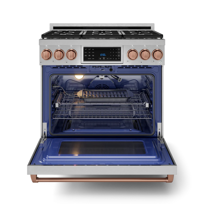 Gordon Ramsay by THOR Kitchen 36" 6.0 cu. ft. Professional Propane Gas Range with Tilt Panel Touch Control, Self-Clean and Air Fry in Stainless Steel with Rose Gold Accents, RSG36LP-RSG