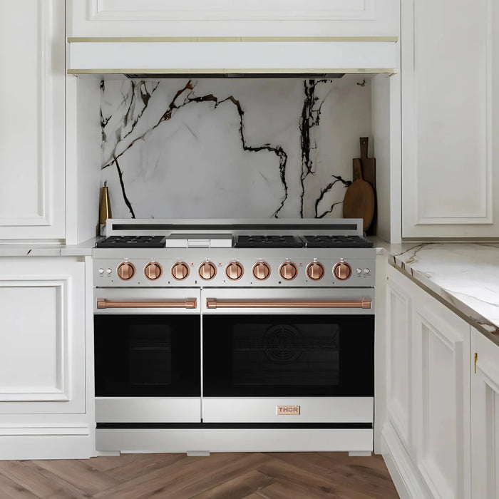 Gordon Ramsay by THOR Kitchen Package - 48" Gas Range, 36" Refrigerator with Ice Maker and Dishwasher in Stainless Steel with Rose Gold Accents, AP-RSG48E-RSG-2