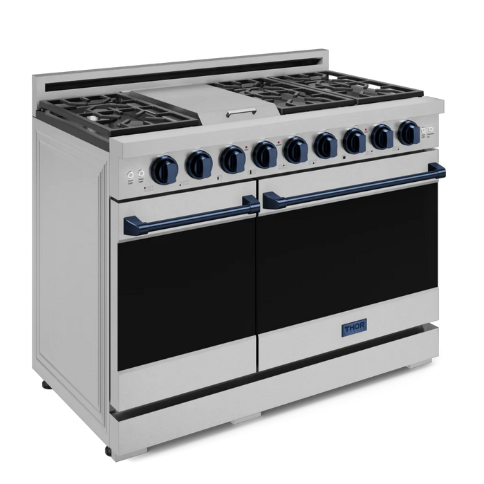 Gordon Ramsay by THOR Kitchen Package - 48" Gas Range, 30" Refrigerator with Ice Maker and Dishwasher in Stainless Steel with Navy Blue Accents, AP-RSG48E-BLU-1