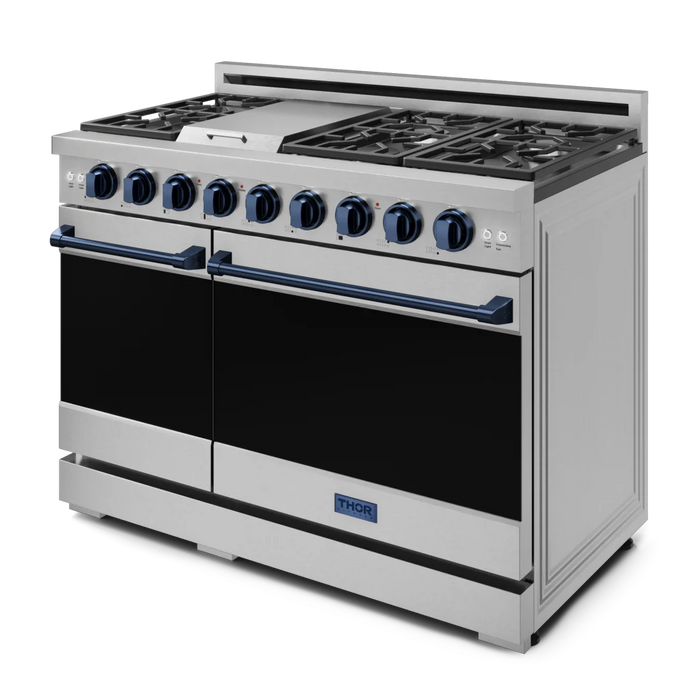 Gordon Ramsay by THOR Kitchen Package - 48" Gas Range, 30" Refrigerator with Ice Maker and Dishwasher in Stainless Steel with Navy Blue Accents, AP-RSG48E-BLU-1