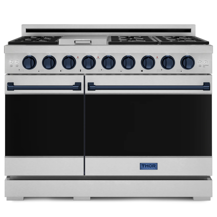 Gordon Ramsay by THOR Kitchen Package - 48" Gas Range, 30" Refrigerator with Ice Maker and Dishwasher in Stainless Steel with Navy Blue Accents, AP-RSG48ELP-BLU-1