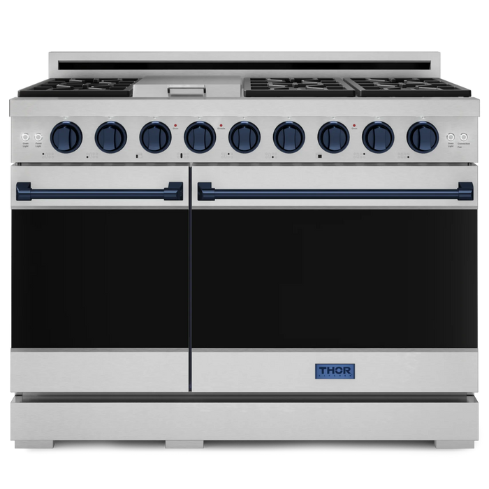 Gordon Ramsay by THOR Kitchen Package - 48" Gas Range, 36" Refrigerator with Ice Maker and Dishwasher in Stainless Steel with Navy Blue Accents, AP-RSG48E-BLU-2