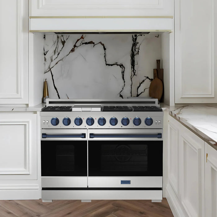 Gordon Ramsay by THOR Kitchen Package - 48" Gas Range, 36" Refrigerator with Ice Maker and Dishwasher in Stainless Steel with Navy Blue Accents, AP-RSG48E-BLU-2