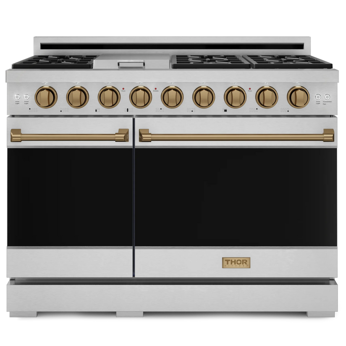 Gordon Ramsay by THOR Kitchen Package - 48" Gas Range, 36" Refrigerator with Ice Maker and Dishwasher in Stainless Steel with Bronze Accents, AP-RSG48E-BRZ-2