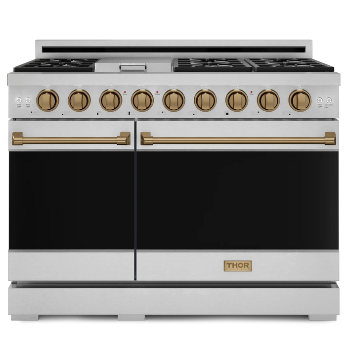 Gordon Ramsay by THOR Kitchen Package - 48" Gas Range, 30" Refrigerator with Ice Maker and Dishwasher in Stainless Steel with Bronze Accents, AP-RSG48ELP-BRZ-1