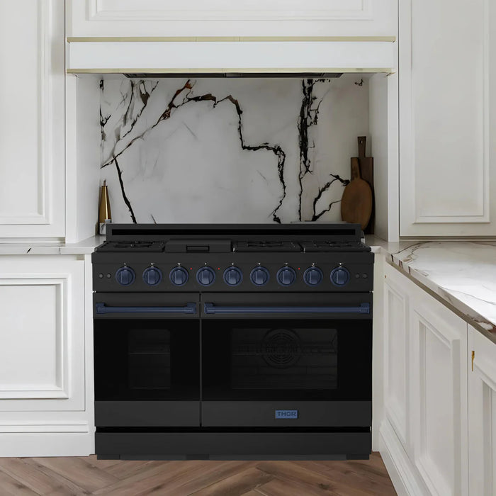 Gordon Ramsay by THOR Kitchen Package - 48" Gas Range, 30" Refrigerator with Ice Maker and Dishwasher in Black Matte with Navy Blue Accents, AP-RSG48EB-BLU-1