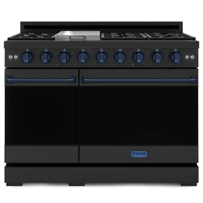 Gordon Ramsay by THOR Kitchen Package - 48" Gas Range, 30" Refrigerator with Ice Maker and Dishwasher in Black Matte with Navy Blue Accents, AP-RSG48EB-BLU-1