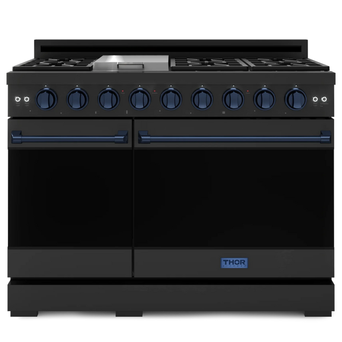 Gordon Ramsay by THOR Kitchen Package - 48" Gas Range, 36" Refrigerator with Ice Maker and Dishwasher in Black Matte with Navy Blue Accents, AP-RSG48EBLP-BLU-2
