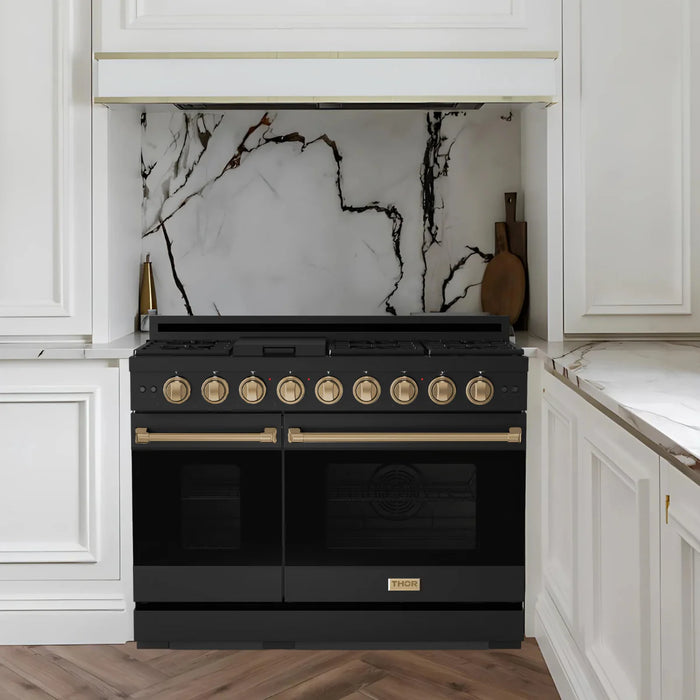 Gordon Ramsay by THOR Kitchen Package - 48" Gas Range, 36" Refrigerator with Ice Maker and Dishwasher in Black Matte with Bronze Accents, AP-RSG48EBLP-BRZ-2