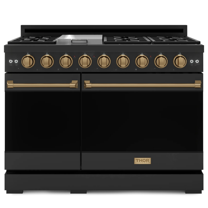 Gordon Ramsay by THOR Kitchen Package - 48" Gas Range, 30" Refrigerator with Ice Maker and Dishwasher in Black Matte with Bronze Accents, AP-RSG48EB-BRZ-1