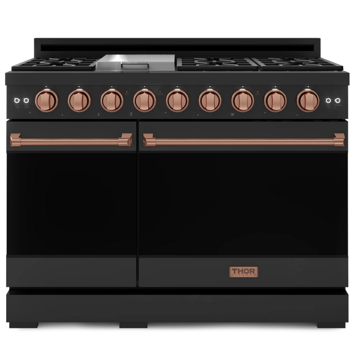 Gordon Ramsay by THOR Kitchen Package - 48" Gas Range, 36" Refrigerator with Ice Maker and Dishwasher in Black Matte with Rose Gold Accents, AP-RSG48EB-RSG-2