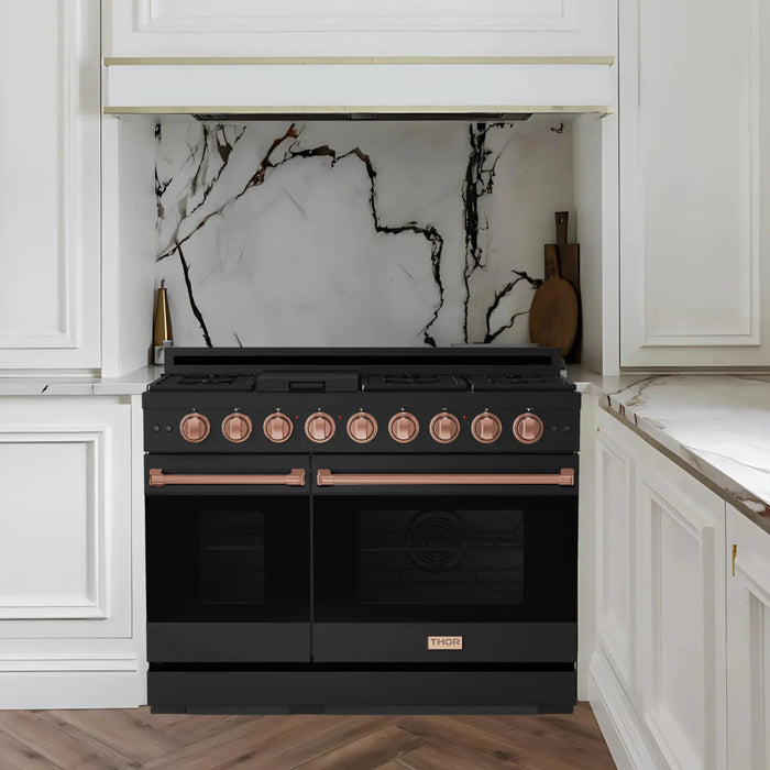 Gordon Ramsay by THOR Kitchen Package - 48" Gas Range, 36" Refrigerator with Ice Maker and Dishwasher in Black Matte with Rose Gold Accents, AP-RSG48EBLP-RSG-2