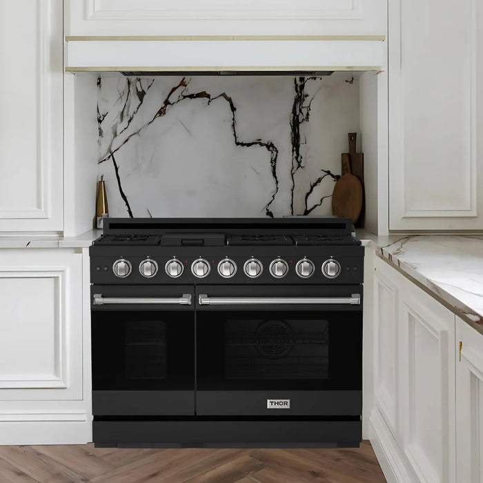 Gordon Ramsay by THOR Kitchen Package - 48" Gas Range, 30" Refrigerator with Ice Maker and Dishwasher in Black Matte with Stainless Steel Accents, AP-RSG48EB-SS-1