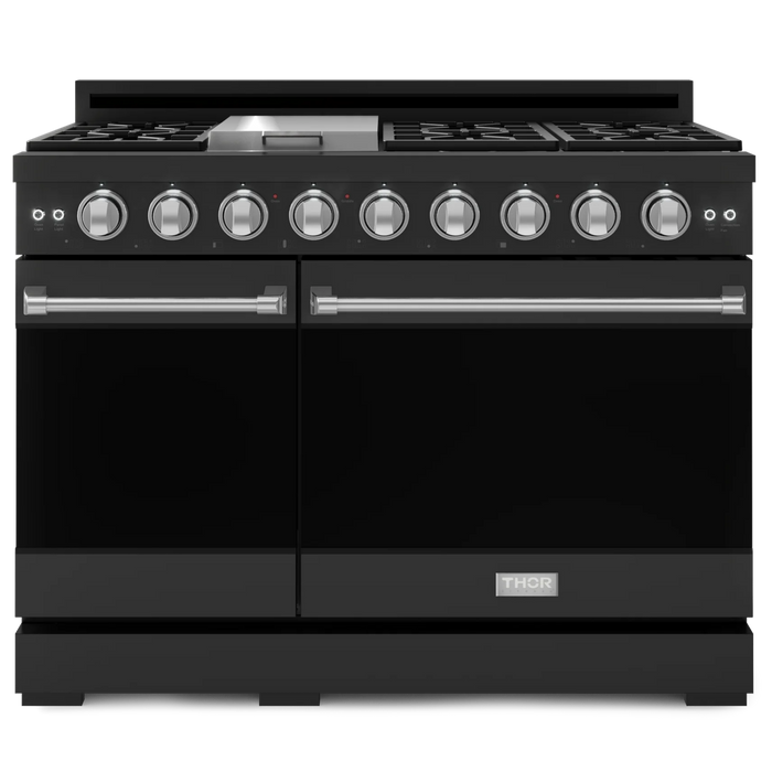 Gordon Ramsay by THOR Kitchen Package - 48" Gas Range, 36" Refrigerator with Ice Maker and Dishwasher in Black Matte with Stainless Steel Accents, AP-RSG48EB-SS-2
