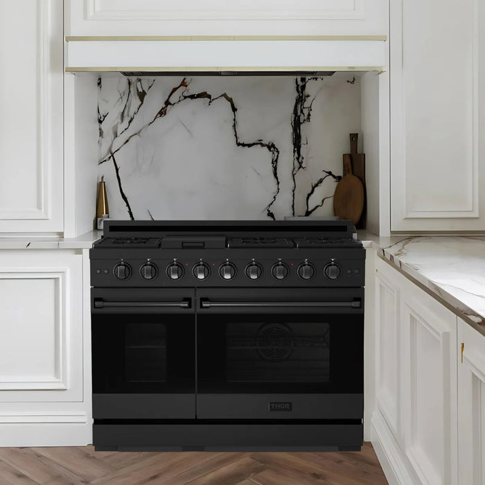 Gordon Ramsay by THOR Kitchen Package - 48" Gas Range, 36" Refrigerator with Ice Maker and Dishwasher in Black Matte with Black Accents, AP-RSG48EB-2