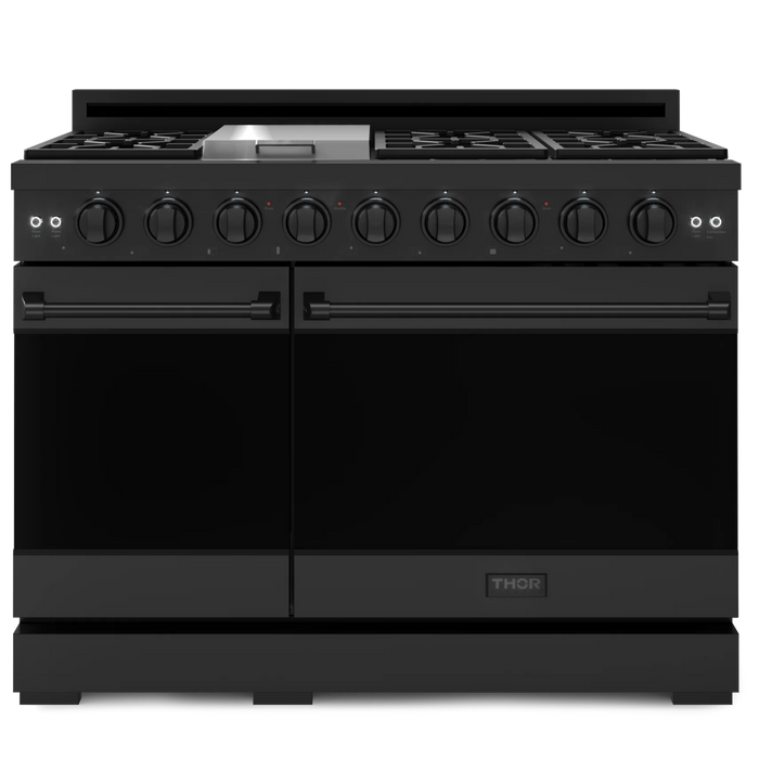Gordon Ramsay by THOR Kitchen Package - 48" Gas Range, 30" Refrigerator with Ice Maker and Dishwasher in Black Matte with Black Accents, AP-RSG48EB-1