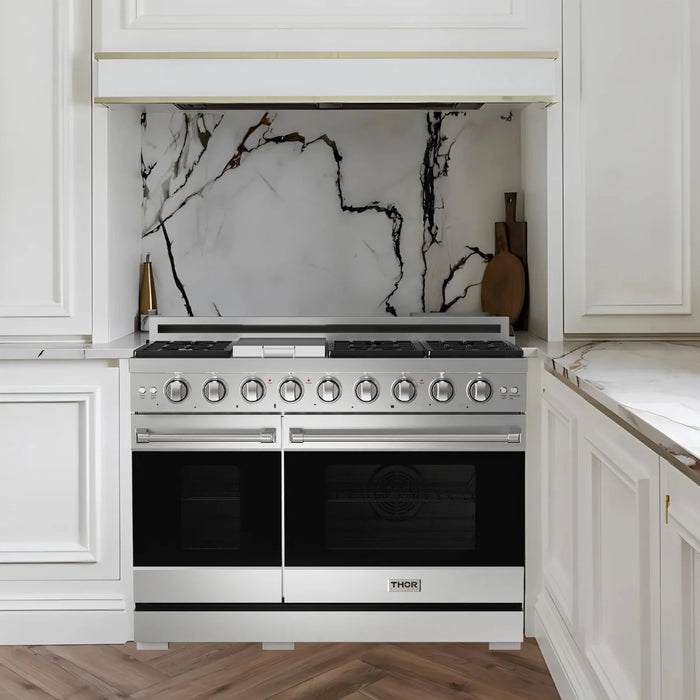 Gordon Ramsay by THOR Kitchen Package - 48" Gas Range, 30" Refrigerator with Ice Maker and Dishwasher in Stainless Steel, AP-RSG48ELP-1