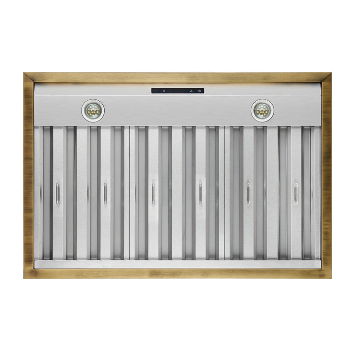 FORNO Espresso Vittorio 36" 600 CFM Wall Mount Range Hood in White and Antique Brass Trim with Remote Control, FRHWM5078-36WHT