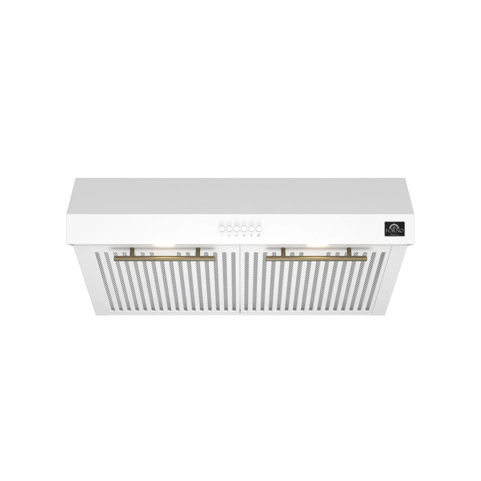 Forno Espresso Package - 30" Electric Range, Range Hood, Refrigerator and Dishwasher in White with Antique Brass Handles, AP-FFSEL6012-30WHT-A-4P-36R