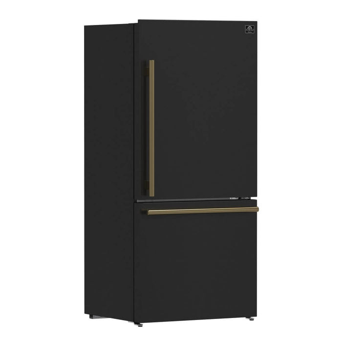 Forno Espresso Package - 30" Electric Range, Range Hood and Refrigerator in Black with Antique Brass Handles, FBDL-001-02US