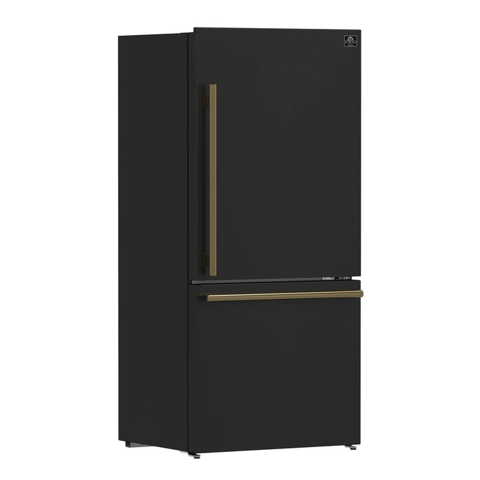 FORNO Espresso Milano 31" 17.2 cu. ft. Refrigerator and Bottom Freezer in Black with Antique Brass Handles, FFFFD1785-31BLK