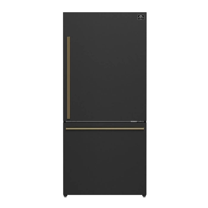 Forno Espresso Package - 30" Electric Range, Range Hood and Refrigerator in Black with Antique Brass Handles, FBDL-001-02US
