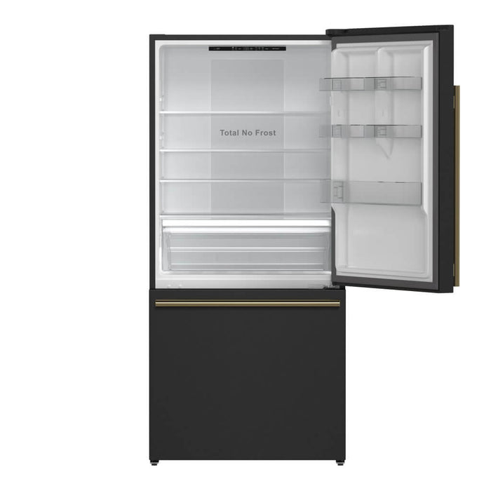 Forno Espresso Package - 30" Electric Range, Range Hood and Refrigerator in Black with Antique Brass Handles, FBDL-001-02US