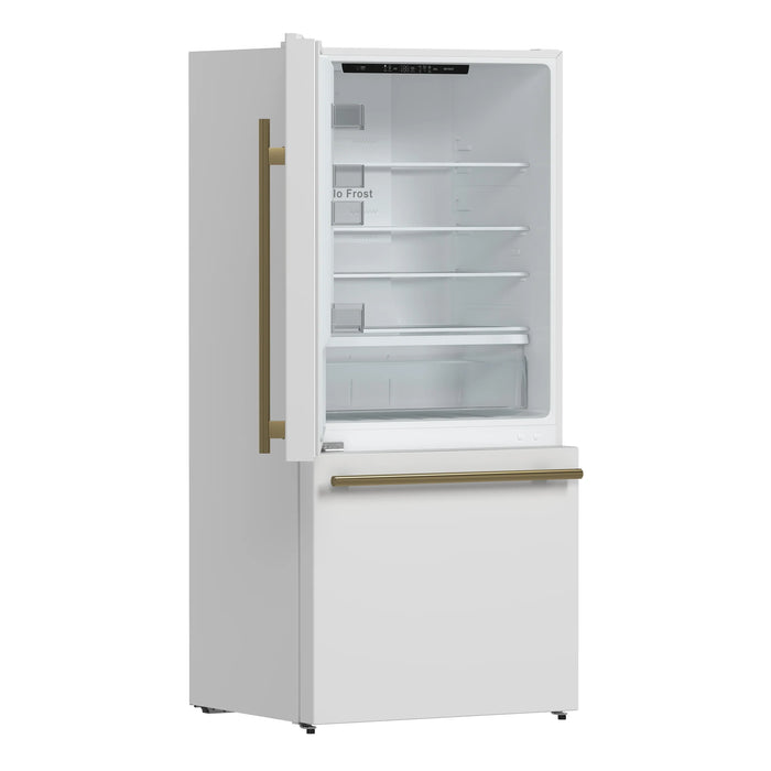 FORNO Espresso Milano 31" 17.2 cu. ft. Refrigerator and Bottom Freezer with Ice Maker in White and Antique Brass Handles, FFFFD1786-31WHT