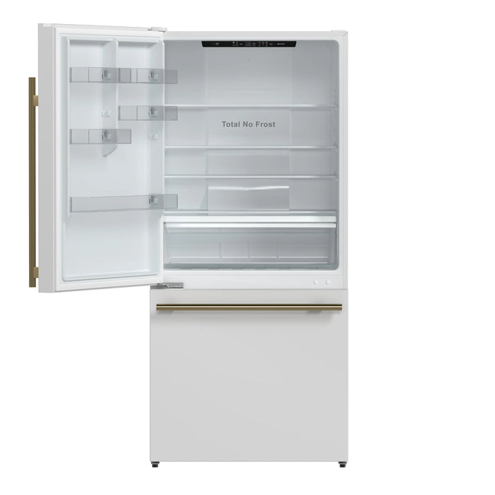 FORNO Espresso Milano 31" 17.2 cu. ft. Refrigerator and Bottom Freezer with Ice Maker in White and Antique Brass Handles, FFFFD1786-31WHT