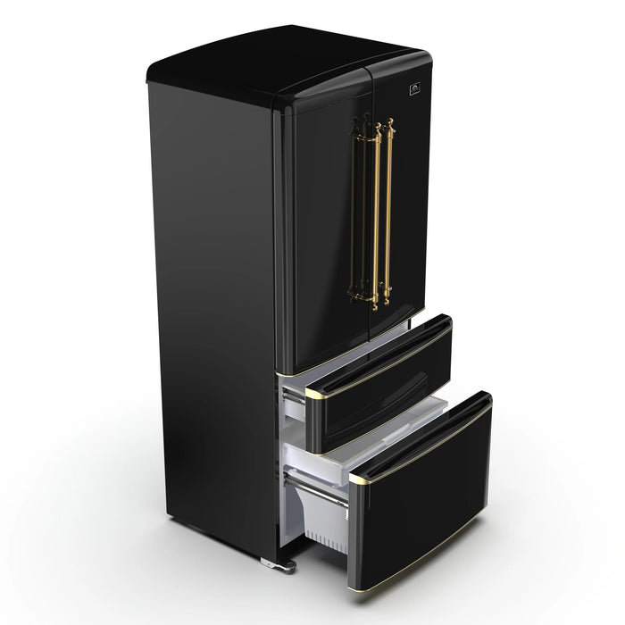 FORNO Espresso Luigi 33" 18 cu. ft. French Door Refrigerator in Black with Antique Brass Handles, FFFFD1791-33BLK
