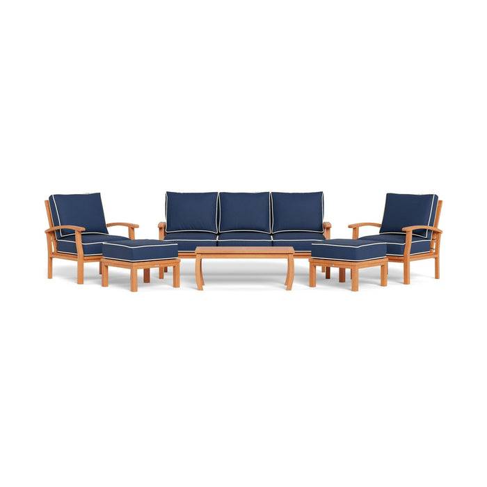 Tortuga Outdoor 6Pc Indonesian Teak Sofa Set - 1 Sofa, 2 Club Chairs, 1 Coffee Table, 2 Ottomans - Sunbrella Navy