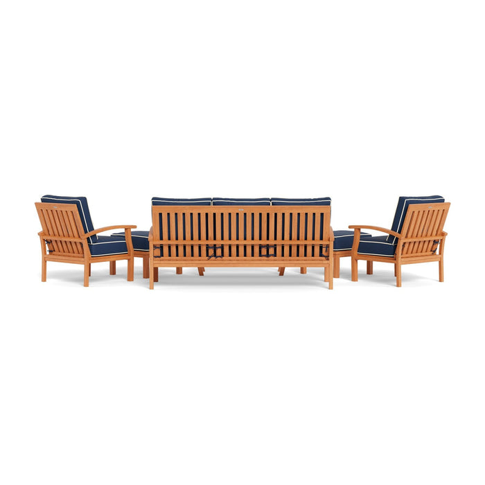 Tortuga Outdoor 6Pc Indonesian Teak Sofa Set - 1 Sofa, 2 Club Chairs, 1 Coffee Table, 2 Ottomans - Sunbrella Navy