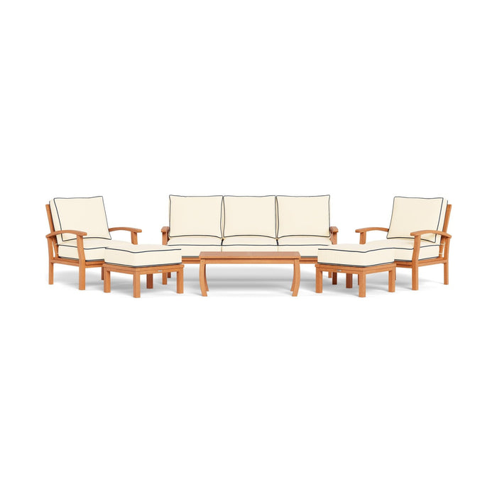 Tortuga Outdoor 6Pc Indonesian Teak Sofa Set - 1 Sofa, 2 Club Chairs, 1 Coffee Table, 2 Ottomans - Sunbrella Canvas Natural