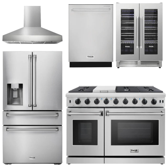 Thor Package - 48" Gas Range, Range Hood, Refrigerator with Water and Ice Dispenser, Dishwasher, Wine Cooler, AP-LRG4807U-W-8