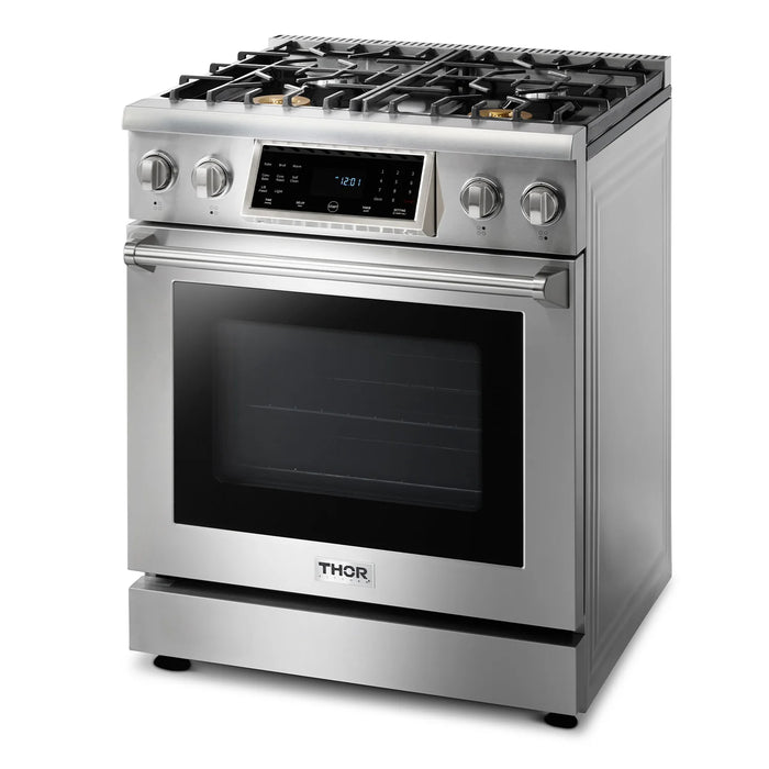 Thor Kitchen Package - 30 In. Propane Gas Range, Range Hood, Refrigerator with Water and Ice Dispenser, Dishwasher, Wine Cooler, AP-TRG3001LP-W-8